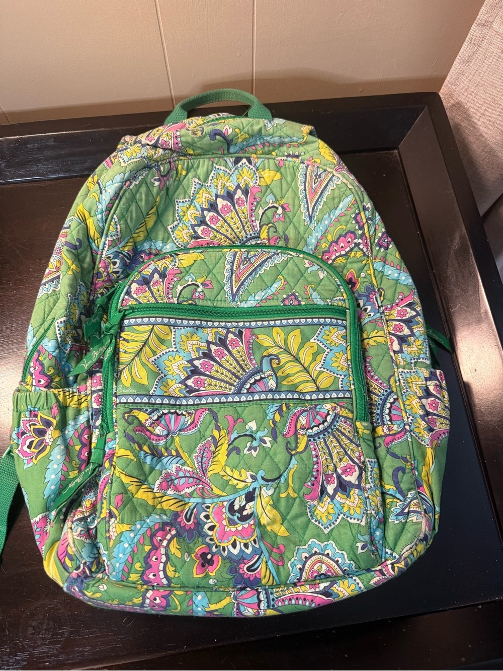 Vera Bradley Green Paisley Quilted Backpack with Bright Trim
